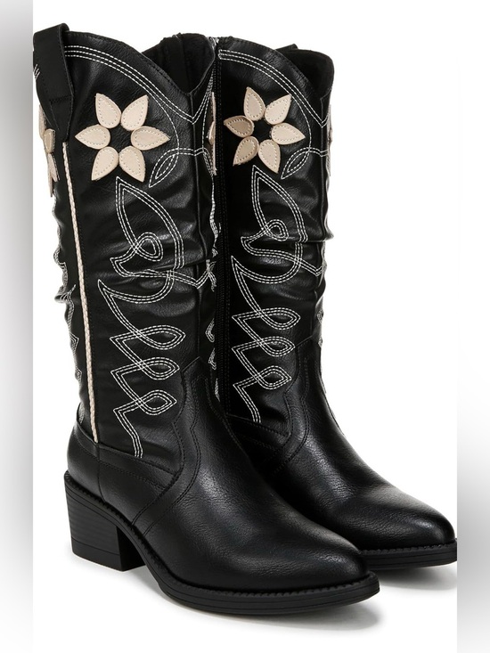 Blowfish Malibu Shoes - Black Western Knee-High Boots with Cream Floral Appliqué